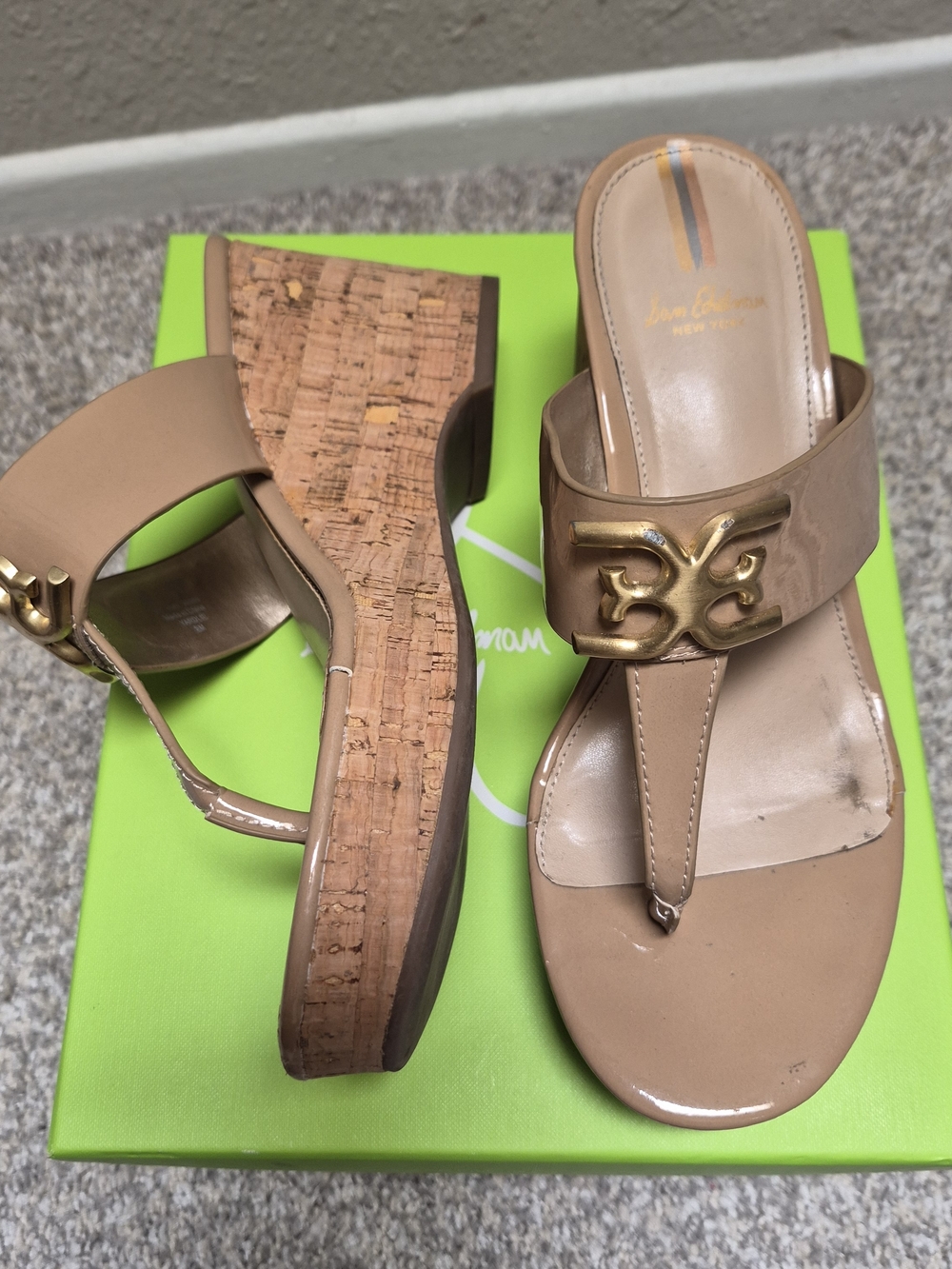 Sam Edelman Nude Patent Thong Sandals with Gold Logo Accent